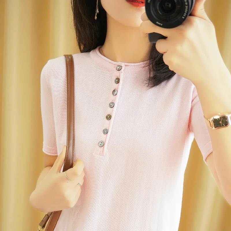 2021 Summer New Short-Sleeved Women's Pure Cotton Thread Loose Round Neck Thin Knit T-Shirt All-Match Button Combed Cotton Top
2021 Summer New Short-Sleeved Women's Pure Cotton Thread Loose Round Neck Thin Knit T-Shirt All-Match Button Combed Cotton Top