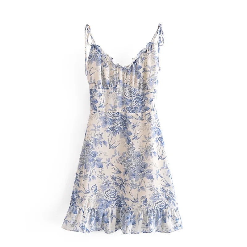 Women's Sexy V Neck Lace Up Spaghetti Strap Ruffle Mini Dress Summer Holiday Blue Floral Sleeveless Dress Party Elegant Vestidos 
Women's Sexy V Neck Lace Up Spaghetti Strap Ruffle Mini Dress Summer Holiday Blue Floral Sleeveless Dress Party Elegant Vestidos