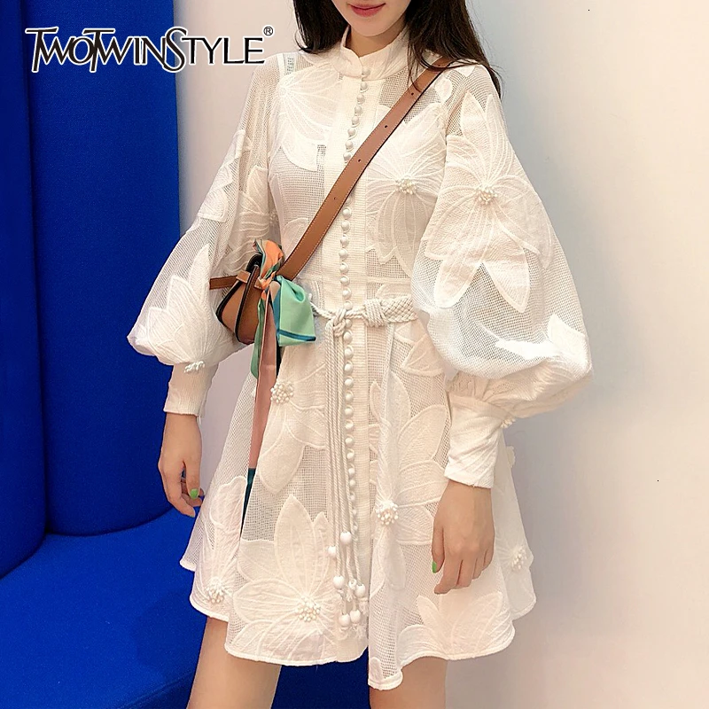 TWOTWINSTYLE Embroidery Asymmetrical Women's Dresses Stand Collar Lantern Long Sleeve High Waist Lace Up Hollow Out Dress Female
TWOTWINSTYLE Embroidery Asymmetrical Women's Dresses Stand Collar Lantern Long Sleeve High Waist Lace Up Hollow Out Dress Female