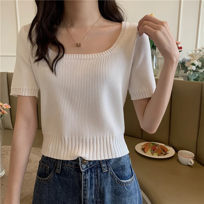 White Short Sleeve Sweater Knitted T-shirt Women's Casual Bottom Shirt Female Thin Summer 2021 New Harajuku Slim Short Top
White Short Sleeve Sweater Knitted T-shirt Women's Casual Bottom Shirt Female Thin Summer 2021 New Harajuku Slim Short Top
