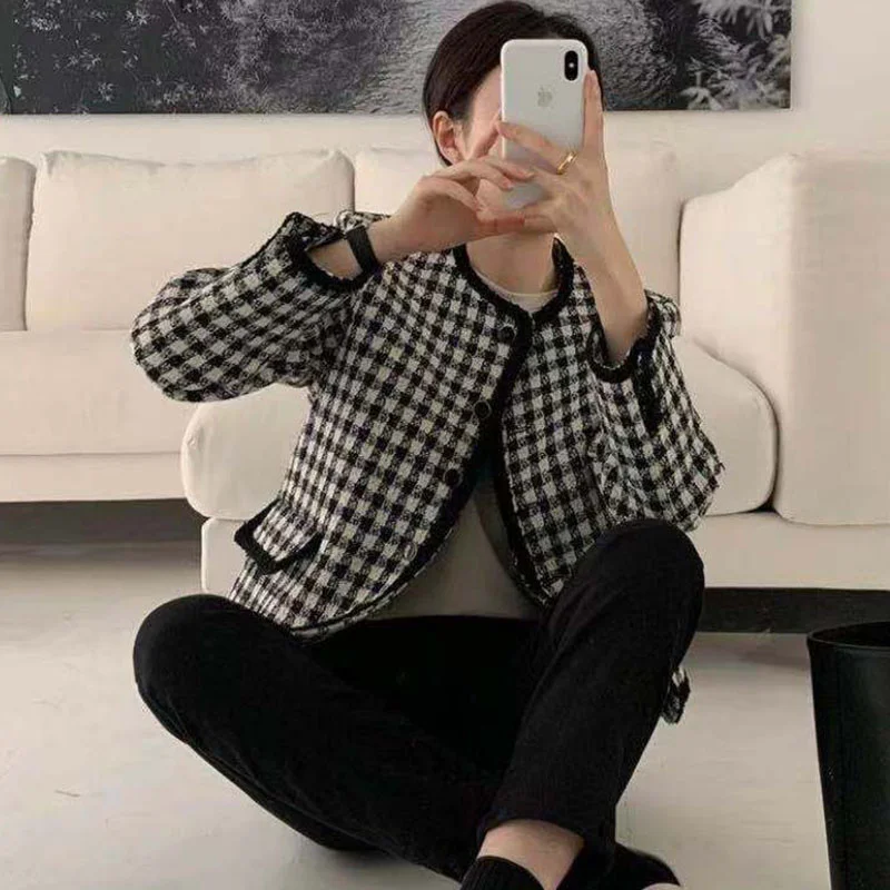 Korean Women Coat Chic Autumn French Round Neck Lace Contrast Single Breasted Long Sleeve Casual Short Plaid | Женская одежда
