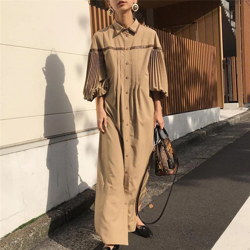 Autumn 2021 Fashion Lace Up Patchwork Female Robe Vintage Lantern Sleeve Pleated Women Dress Single-breasted Vestido Abiti Donna
Autumn 2021 Fashion Lace Up Patchwork Female Robe Vintage Lantern Sleeve Pleated Women Dress Single-breasted Vestido Abiti Donna