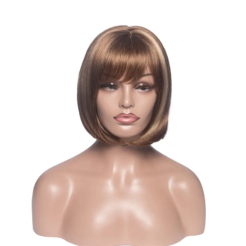 

Short Omber Brown Bob Straight Synthetic Wig Heat Resistant Fiber Wig With Bang For Women Daily Party Use Nature Looking Wig