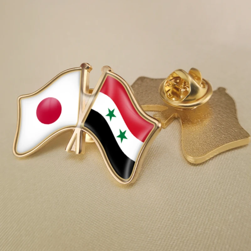 

Japan and Syrian Arab Republic Crossed Double Friendship Flags Lapel Pins Brooch Badges