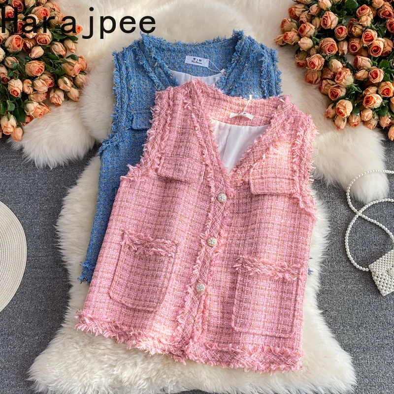 Harajpee Knitted Vest Single Breasted V-neck Tweed Waistcoat Pockets Commute Chic Korean All-match Spring Autumn New Women Tops
Harajpee Knitted Vest Single Breasted V-neck Tweed Waistcoat Pockets Commute Chic Korean All-match Spring Autumn New Women Tops