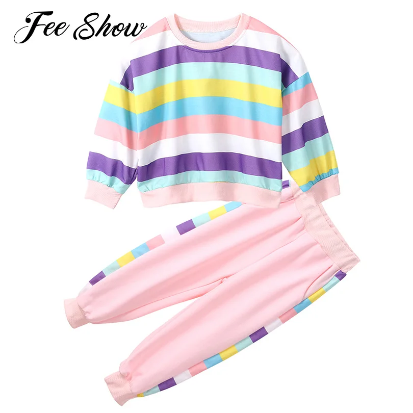 2Pcs Kids Girls Cotton Sport Suit Workout Tracksuit Clothing Colorful Rainbow Stripes Print Tops and Pants Set Casual Sportswear
2Pcs Kids Girls Cotton Sport Suit Workout Tracksuit Clothing Colorful Rainbow Stripes Print Tops and Pants Set Casual Sportswear