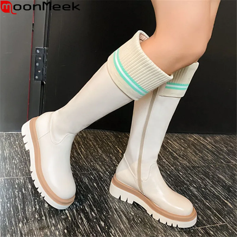 

MoonMeek 2020 New brand women boots square heels round toe ladies shoes genuine leather knee high boots black rice white