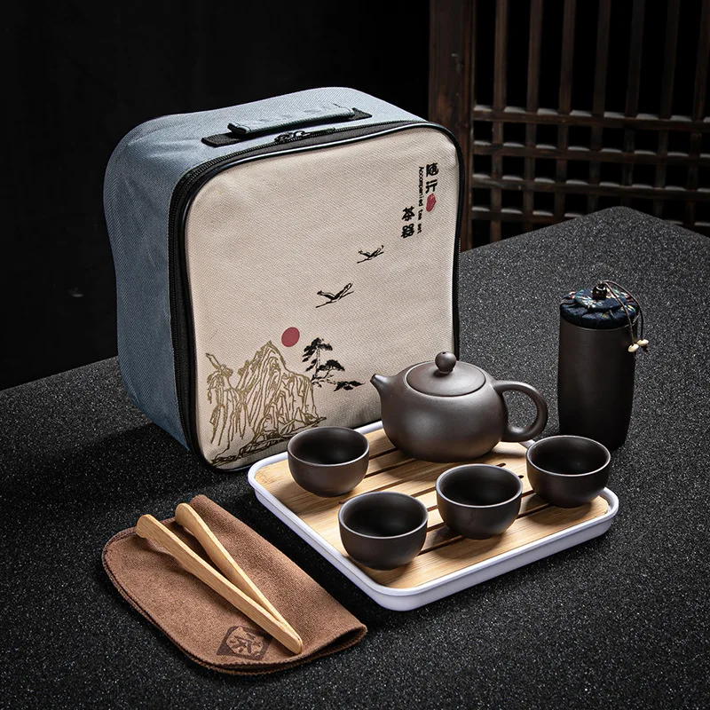 

Дорожный чайный набор из фиолетовой глины Yixing, чайный горшок, посуда для напитков, чайная чашка Tureen, инфузор, китайская чайная церемония, для...