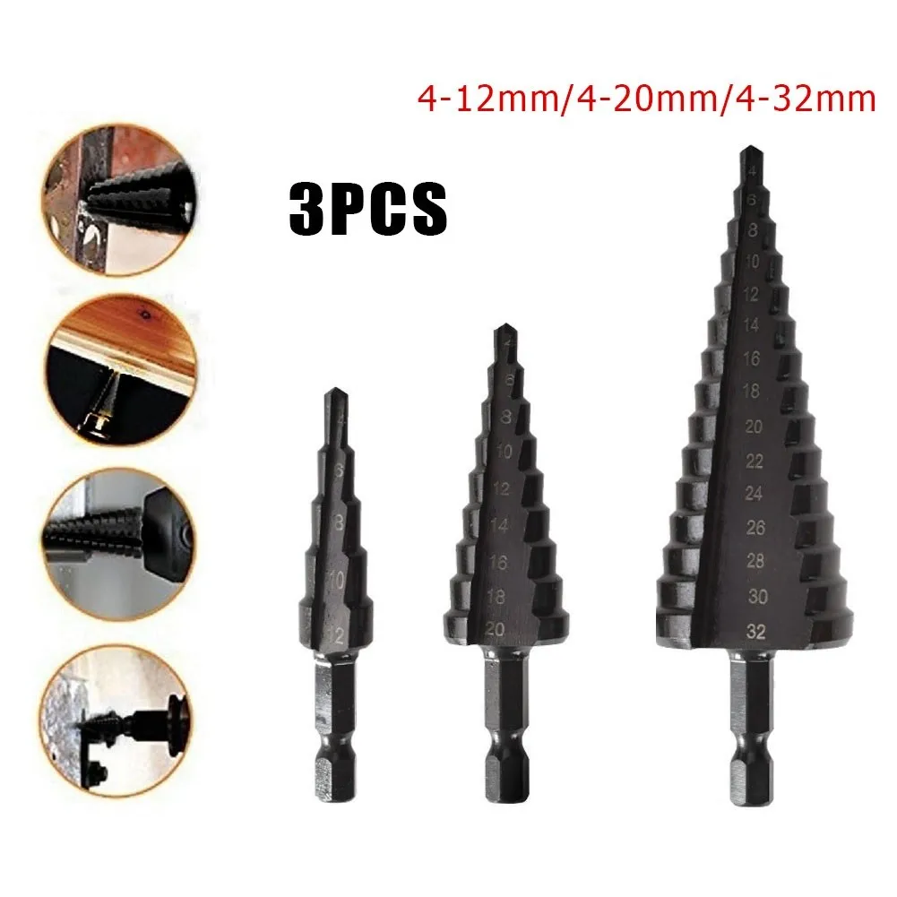 3pcs HSS Steel Step Cone Drill Bit Set Titanium Drill Bit 4-12/20/32mm Metal High Speed Steel Wood Hole Cutter Drilling Tools
3pcs HSS Steel Step Cone Drill Bit Set Titanium Drill Bit 4-12/20/32mm Metal High Speed Steel Wood Hole Cutter Drilling Tools