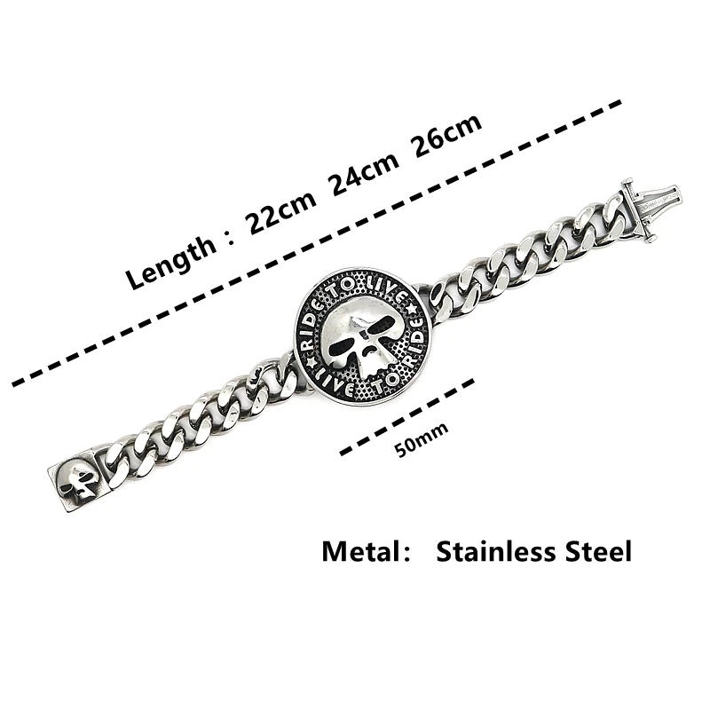 

Motorcycle Rider Style Unisex 316L Stainless Steel Big Skull Ride to Live, Live to Ride Cool Biker Bracelet Newest Gift