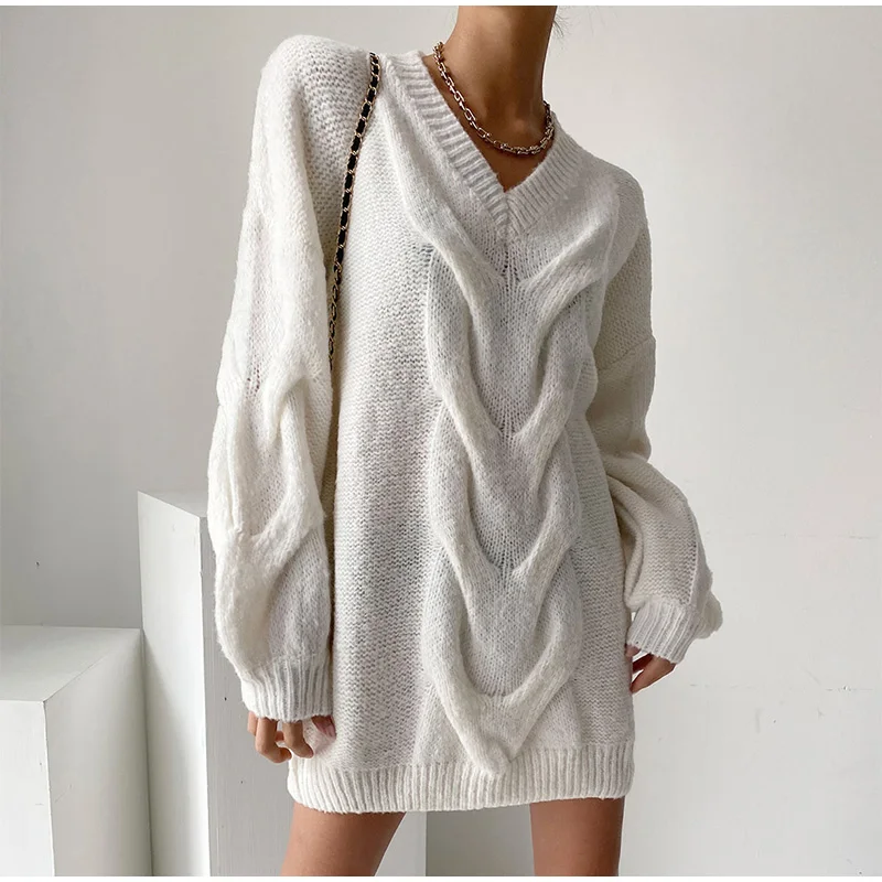 White V-neck Women's Sweater Mini Dress Oversized Casual Long Sleeve Twist Weave Knitted Dresses 2022 Winter Loose Lady Vestidos
White V-neck Women's Sweater Mini Dress Oversized Casual Long Sleeve Twist Weave Knitted Dresses 2022 Winter Loose Lady Vestidos