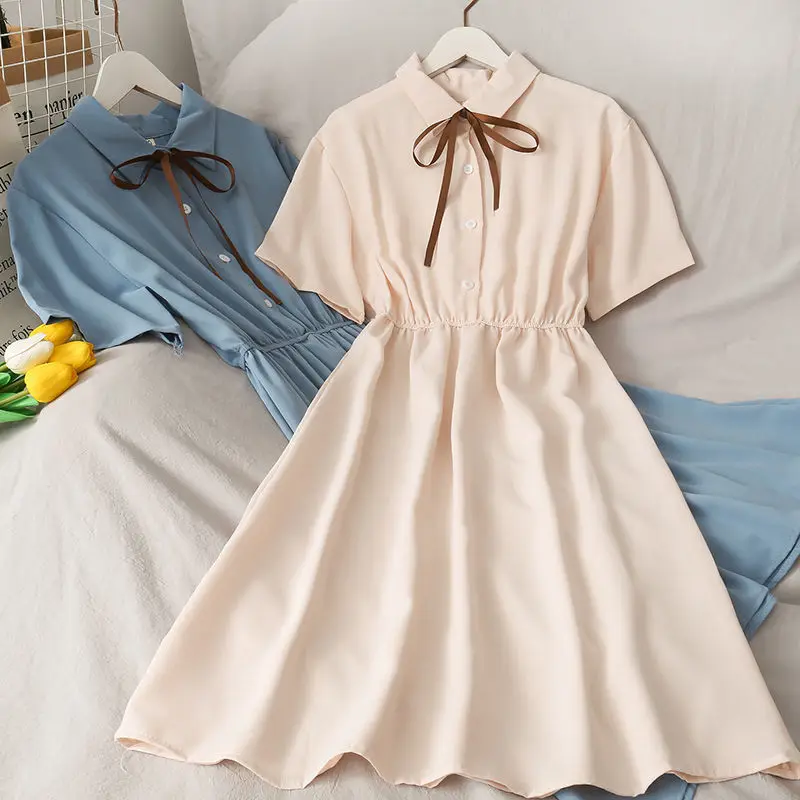 Women Chiffon Solid Dress High Waist Turn-down Collar Dress Preppy Style Kawaii Ulzzang Popular Temperament Summer Holiday Dress
Women Chiffon Solid Dress High Waist Turn-down Collar Dress Preppy Style Kawaii Ulzzang Popular Temperament Summer Holiday Dress