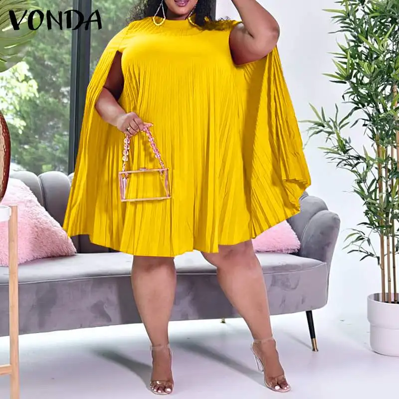 Summer Sleeveless Pleated Mini Dresses VONDA Women O Neck Solid Cape Dress Kleid Beach Sundress Oversize Bohemian Vestidos Femme
Summer Sleeveless Pleated Mini Dresses VONDA Women O Neck Solid Cape Dress Kleid Beach Sundress Oversize Bohemian Vestidos Femme