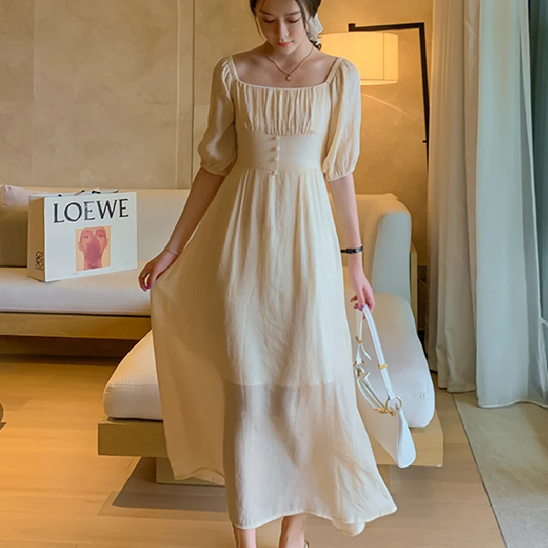 Summer 2021 Elegant Vintage Runway Party Night Dress High Waist Korean Beach Vacation Dress New Long Apricot Women Chiffon Dress 
Summer 2021 Elegant Vintage Runway Party Night Dress High Waist Korean Beach Vacation Dress New Long Apricot Women Chiffon Dress
