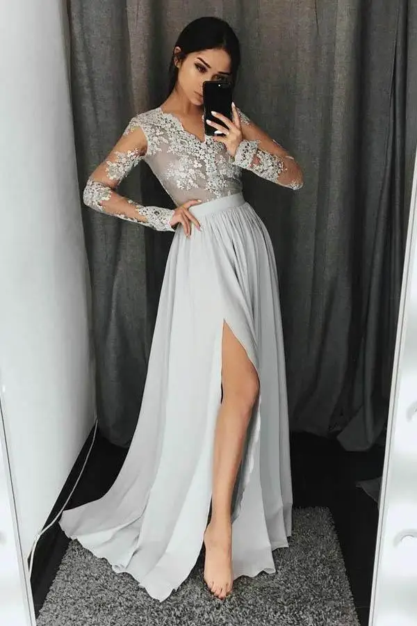 New Fashion Long Prom Dresses 2020 V-Neck Long Sleeves Floor Length Appliques Chiffon Evening Dress Robe de soriee
New Fashion Long Prom Dresses 2020 V-Neck Long Sleeves Floor Length Appliques Chiffon Evening Dress Robe de soriee
