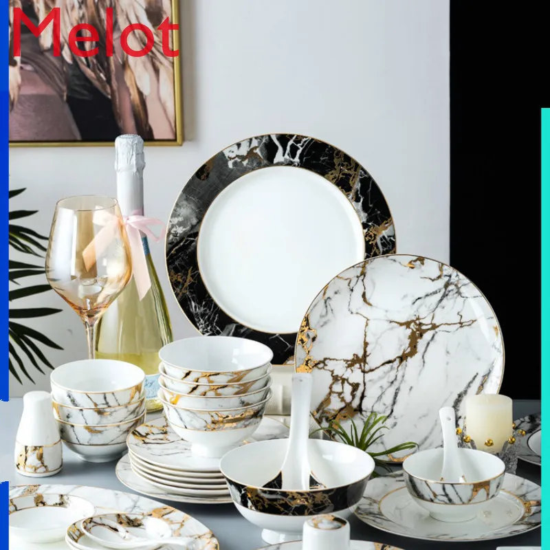 Jingdezhen high-grade bowl and dish set household Nordic net red gold border marble bone china bowl and plate tableware
Jingdezhen high-grade bowl and dish set household Nordic net red gold border marble bone china bowl and plate tableware