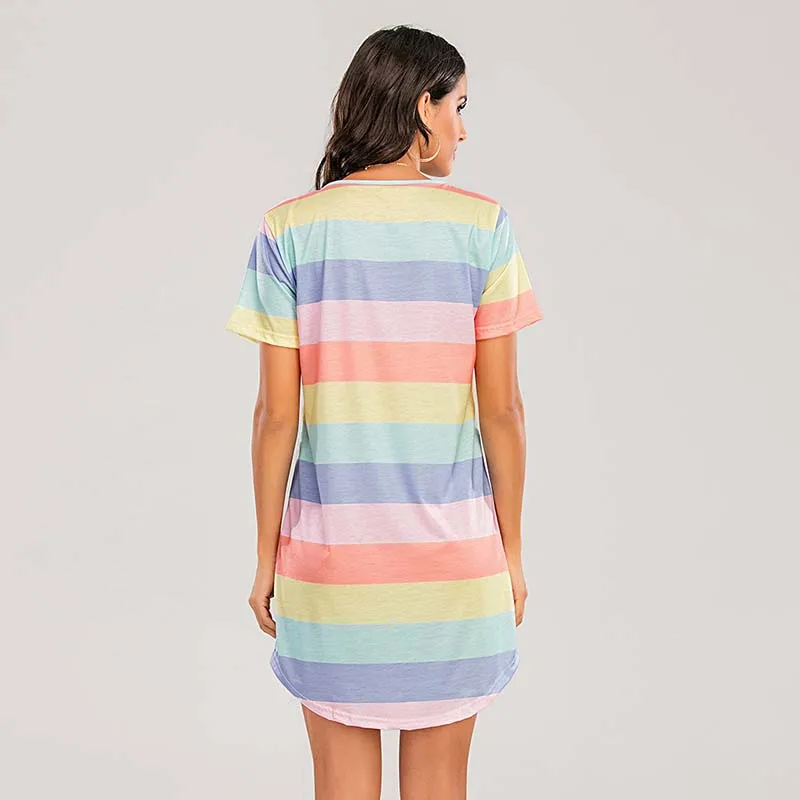 Summer Women Clothes Short Sleeve Sexy Mini Dress Rainbow Striped High Waist O-neck Loose Plus Size Ladies Dress
Summer Women Clothes Short Sleeve Sexy Mini Dress Rainbow Striped High Waist O-neck Loose Plus Size Ladies Dress