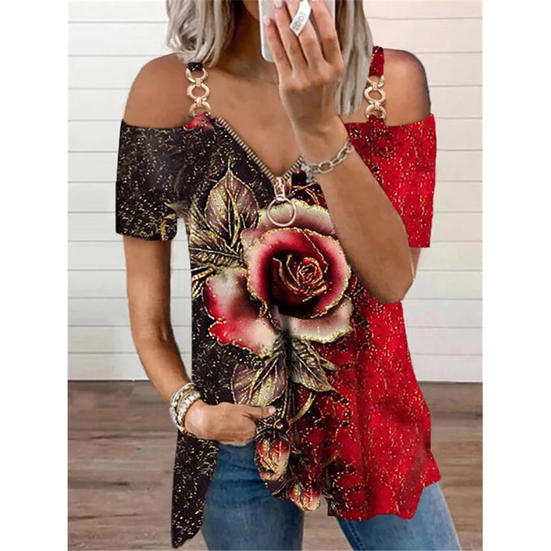 2021 Summer Women Fashion Clothes Lady Off Shoulder Loose Tops Female V-neck Zipper Printing Metal Buckle T-shirt
2021 Summer Women Fashion Clothes Lady Off Shoulder Loose Tops Female V-neck Zipper Printing Metal Buckle T-shirt