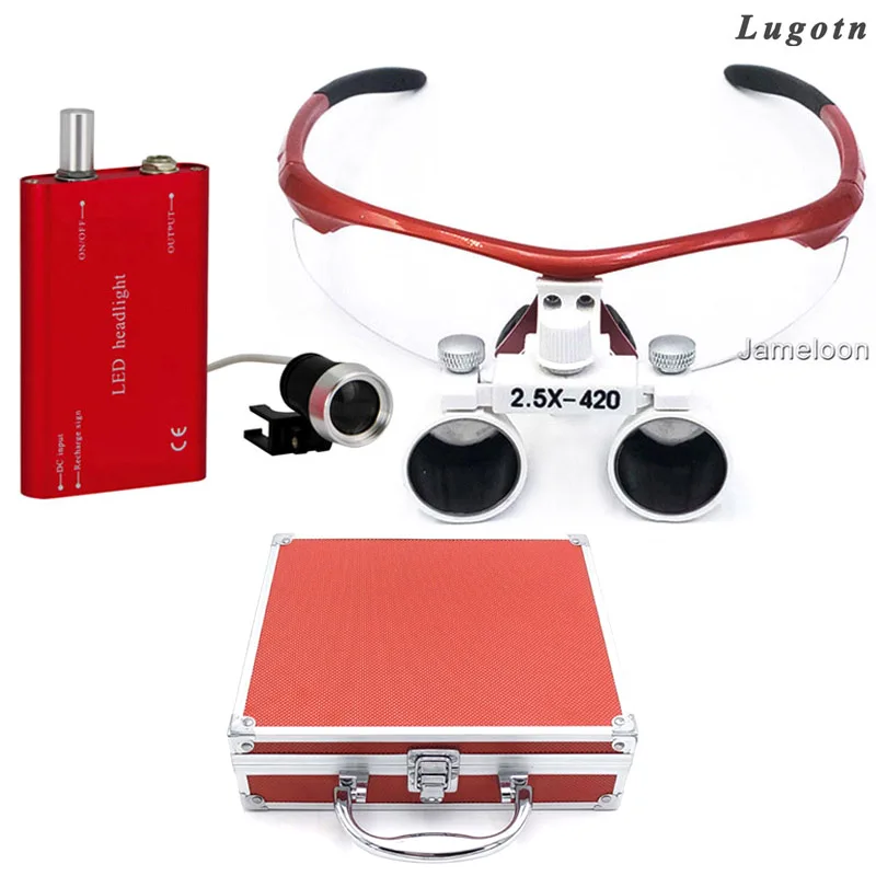 

Metal Box 2.5X Enlarger Glasses Red Color Surgical Magnifying Dental Loupe With LED Headlight Throat Operation Magnifier Lens