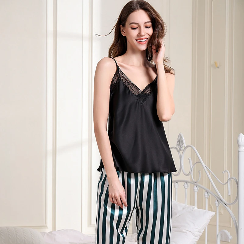 Pajamas Summer Sexy Lace Women's Sleepwear Silk Satin V-Neck Striped Suspenders Trousers Loose For Homewear/Outer Wear Female
Pajamas Summer Sexy Lace Women's Sleepwear Silk Satin V-Neck Striped Suspenders Trousers Loose For Homewear/Outer Wear Female
