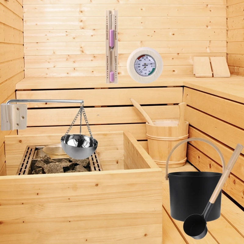 Sauna Aluminum Bucket, Aluminum Spoon, Thermometer and Hygrometer, Hourglass Timer Sauna Aromatherapy Oil Cup Kit Set
Sauna Aluminum Bucket, Aluminum Spoon, Thermometer and Hygrometer, Hourglass Timer Sauna Aromatherapy Oil Cup Kit Set