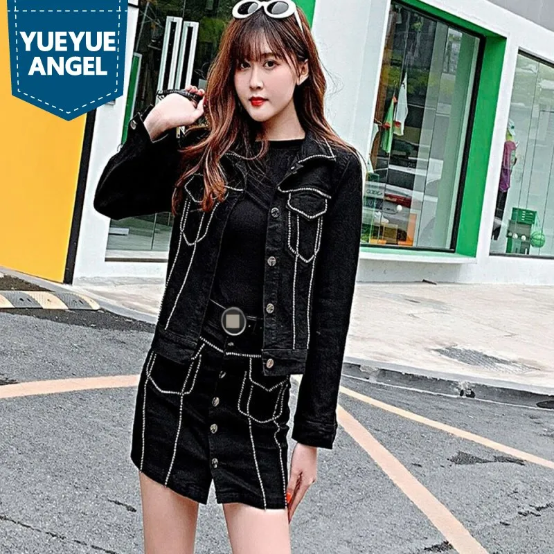 Fashion Diamonds Single Breasted Denim Jacket Mini Skirt Two Piece Set OL Style Long Sleeve Black Crystal Buttons Skirts Set
Fashion Diamonds Single Breasted Denim Jacket Mini Skirt Two Piece Set OL Style Long Sleeve Black Crystal Buttons Skirts Set