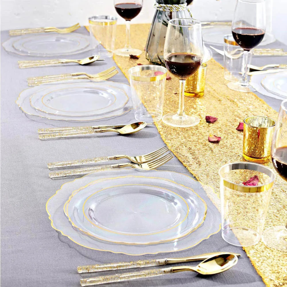 50 Pcs Disposable Tableware Baroque Transparent Golden Plastic Plate Silverware With Glitter Suitable for Weddings and Parties
50 Pcs Disposable Tableware Baroque Transparent Golden Plastic Plate Silverware With Glitter Suitable for Weddings and Parties