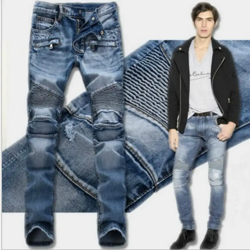 Мужские джинсы, джинсовые мужские брюки, байкерские мото джинсы, облегающие прямые джинсовые брюки, потертые брюки 
Мужские джинсы, джинсовые мужские брюки, байкерские мото джинсы, облегающие прямые джинсовые брюки, потертые брюки