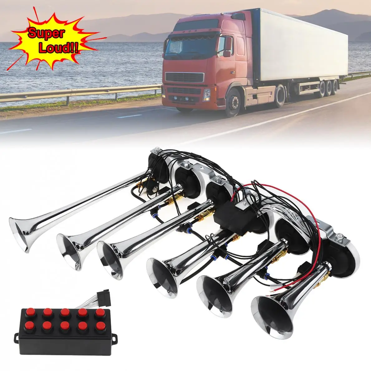 12V-24V 200DB Super Loud Car Air Horn 8 Sounds Style Alarm 6 Trumpet Car Horn Compressor Kit for Auto Motorcycle Boat Truck
12V-24V 200DB Super Loud Car Air Horn 8 Sounds Style Alarm 6 Trumpet Car Horn Compressor Kit for Auto Motorcycle Boat Truck