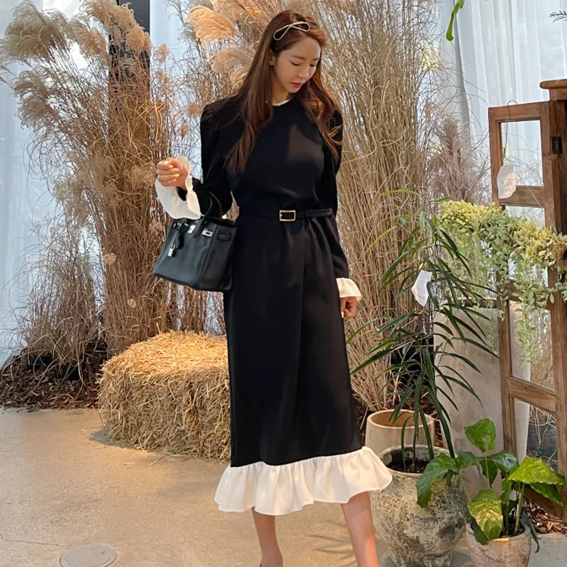Autumn Winter Long Mermaid Dress Women Flare Sleeve Ruffles Patchwork Sash Black Party Femme Mid Calf Casual Dress
Autumn Winter Long Mermaid Dress Women Flare Sleeve Ruffles Patchwork Sash Black Party Femme Mid Calf Casual Dress