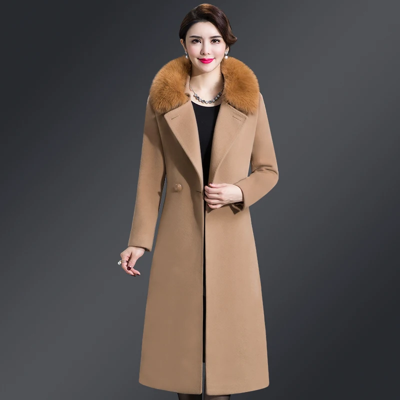 

Женское шерстяное пальто средней длины с отложным воротником, двубортное шерстяное пальто с мехом, элегантная верхняя одежда, новинка 2020