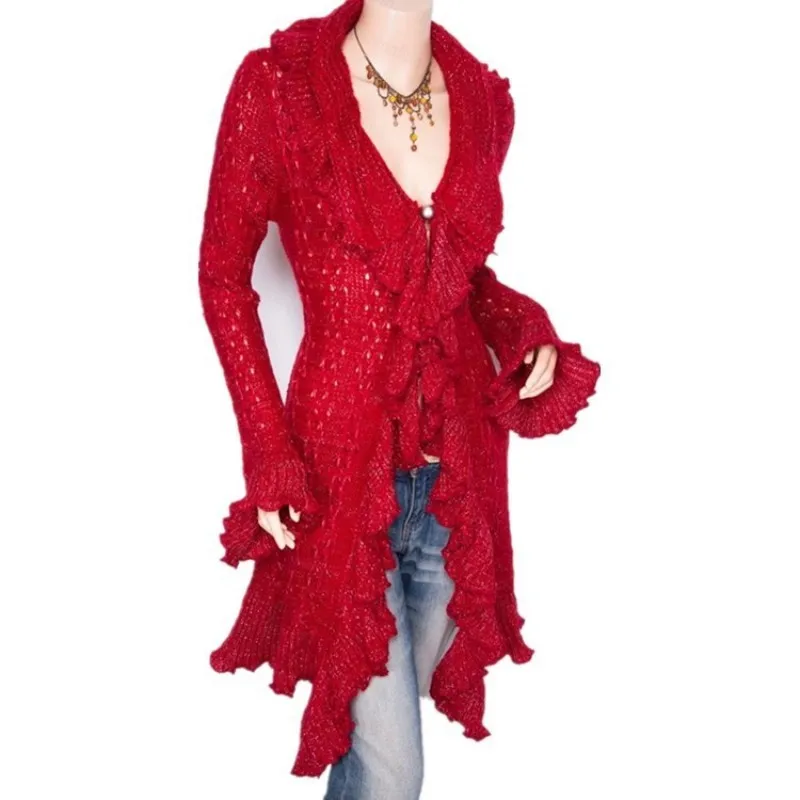 New Fall Womens Sweaters European Ruffled Sweater Women Coat Sweet Slim V-Neck Long Female Cardigan Red Pull Femme
New Fall Womens Sweaters European Ruffled Sweater Women Coat Sweet Slim V-Neck Long Female Cardigan Red Pull Femme