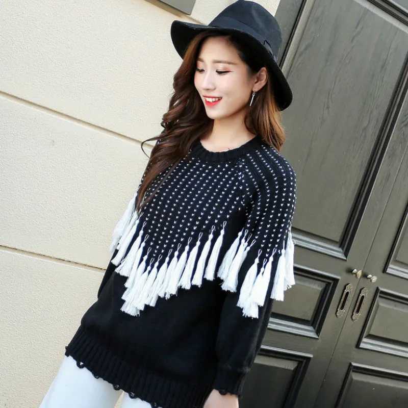 

Черно-белый полосатый вязаный свитер с бахромой 3D, свободные пуловеры ручной вязки с кисточками, топы с длинными рукавами-фонариками и круг...