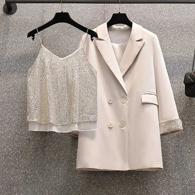 Spring And Autumn Plus Size Turn-Down Collar Loose Casual Small Suit + Double-Layer V-Neck Heavy Industry Sequins Two-Piece Set
Spring And Autumn Plus Size Turn-Down Collar Loose Casual Small Suit + Double-Layer V-Neck Heavy Industry Sequins Two-Piece Set