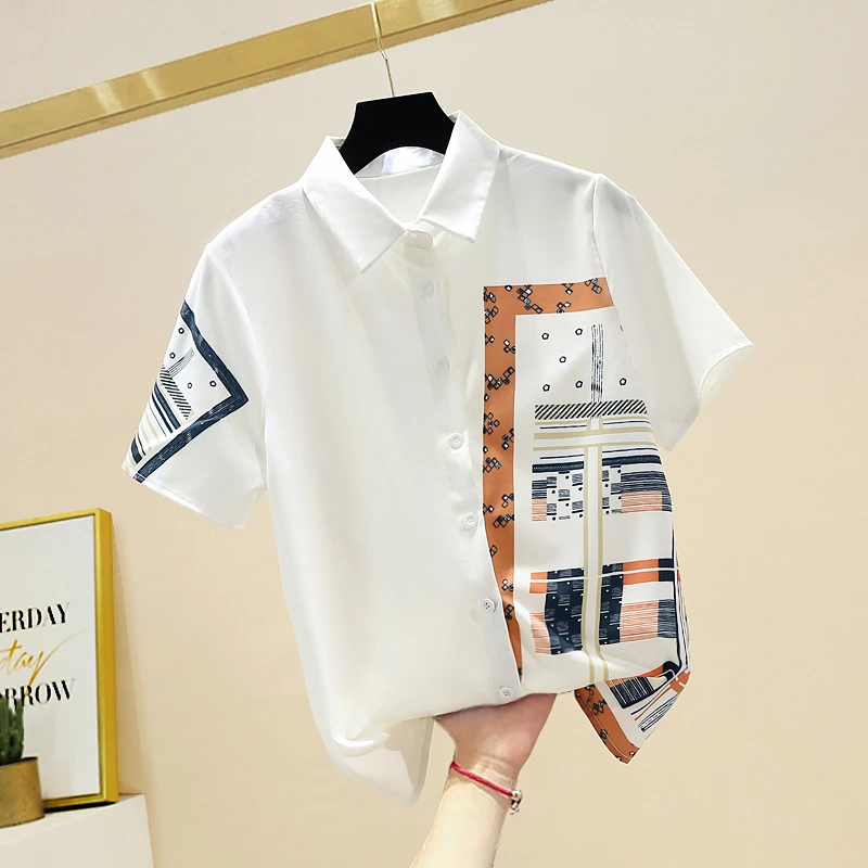 Fashion White Shirt 2020 Summer New Short Sleeve Single-Breasted Lapel Shirt Patchwork Print Chiffon Blouse Thin Korean Tops
Fashion White Shirt 2020 Summer New Short Sleeve Single-Breasted Lapel Shirt Patchwork Print Chiffon Blouse Thin Korean Tops