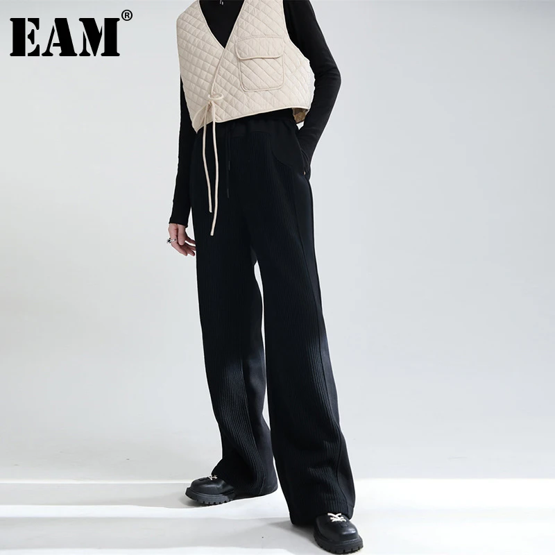 

[EAM] черные плиссированные длинные широкие брюки с высокой эластичной резинкой на талии, новые свободные брюки для женщин, модные весенне-ос...
