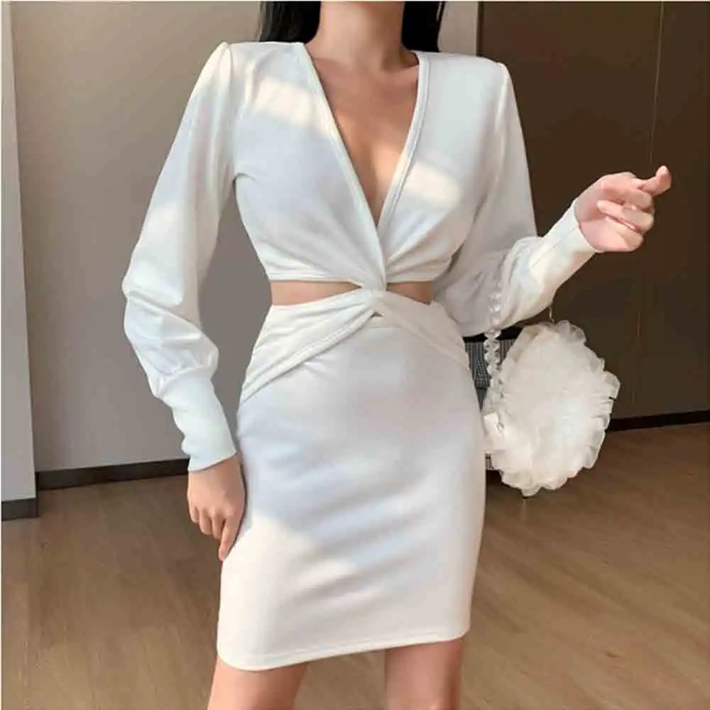 Deep V-neck Waist Cross Hollow out Dress Women Long Sleeve Puff Sleeve Sexy Autumn Casual Fashion Solid Mini Dress
Deep V-neck Waist Cross Hollow out Dress Women Long Sleeve Puff Sleeve Sexy Autumn Casual Fashion Solid Mini Dress