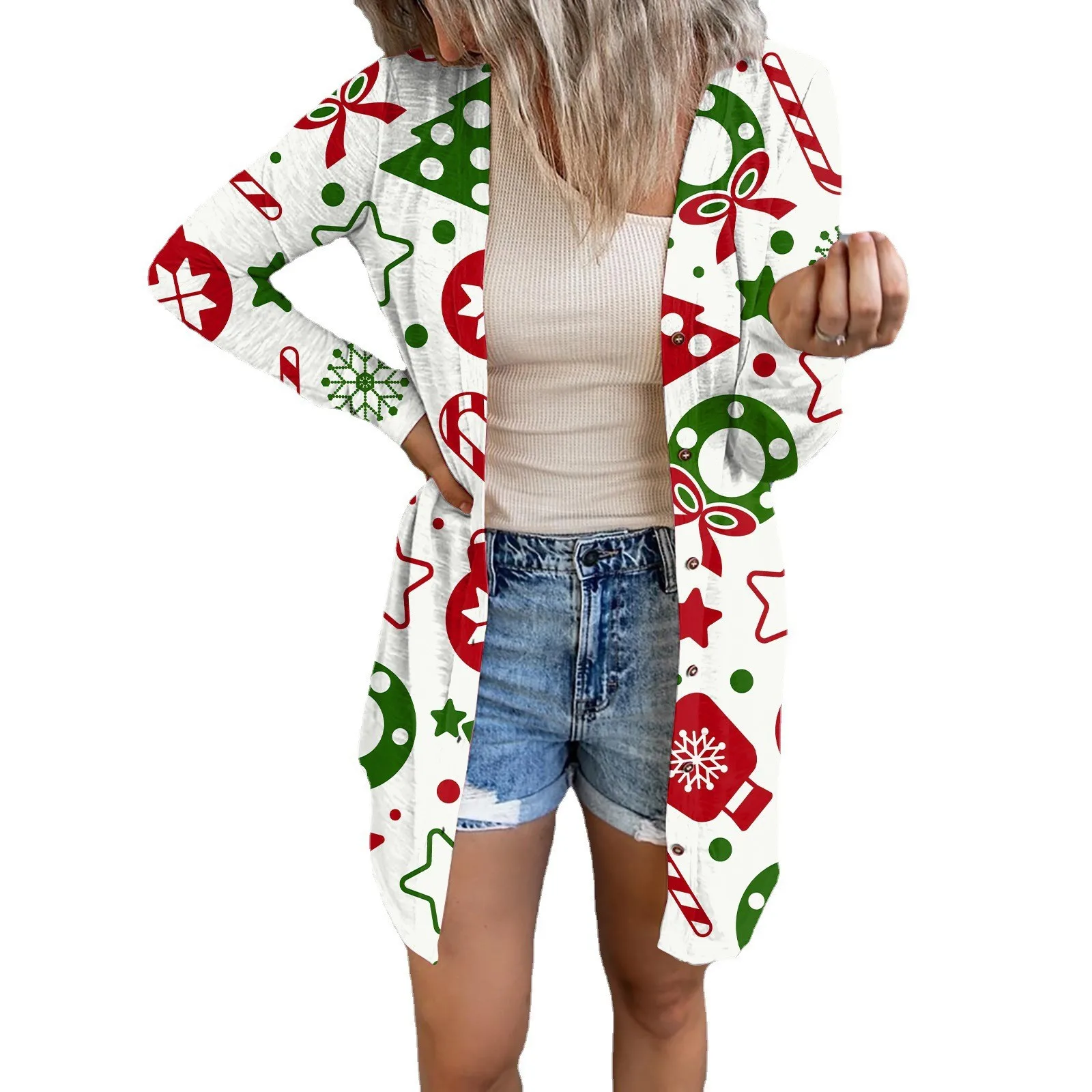 Women's long-sleeved cardigan 2021 European and American Christmas fashion print stitching button O-neck women's long shirt
Women's long-sleeved cardigan 2021 European and American Christmas fashion print stitching button O-neck women's long shirt