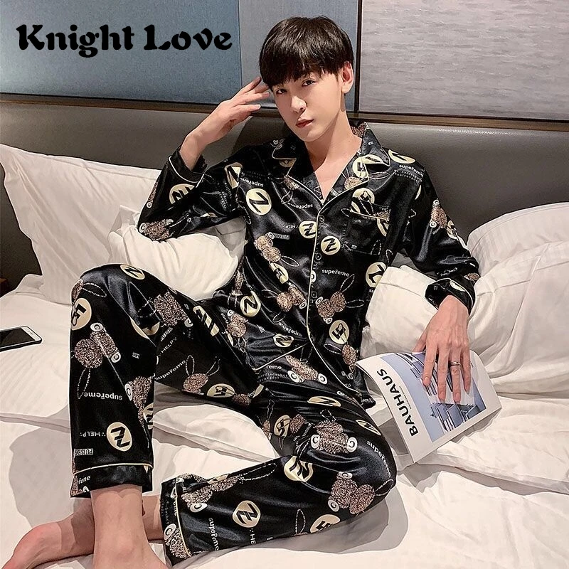 Мужская пижама с длинным рукавом ночная рубашка Повседневная Домашняя одежда