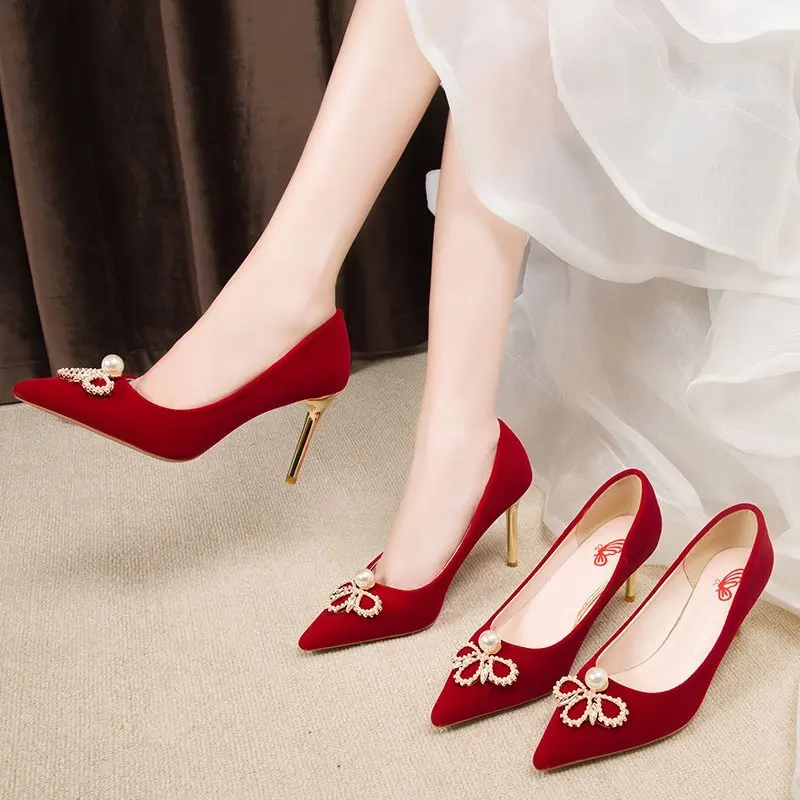 

Women's Shoes Concise Flock High Heels Women Pumps Pointed toe Classic Red Ladies Wedding Shoes Office Stiletto Shallow Women's