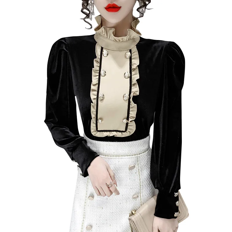 Kimutomo Vintage Women Blouses Contrast Color Panelled Fuguns Female Stand Collar Patchwork Double Breasted Velvet Shirt 2021
Kimutomo Vintage Women Blouses Contrast Color Panelled Fuguns Female Stand Collar Patchwork Double Breasted Velvet Shirt 2021