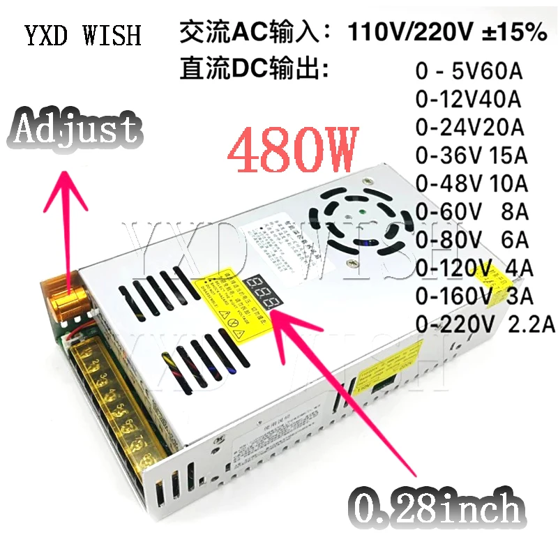 480W Adjustable Switching Power Supply With Digital Display AC-DC Converter 110v 220v to DC 12V 24V 36V 48V 60V 80V 120V
480W Adjustable Switching Power Supply With Digital Display AC-DC Converter 110v 220v to DC 12V 24V 36V 48V 60V 80V 120V