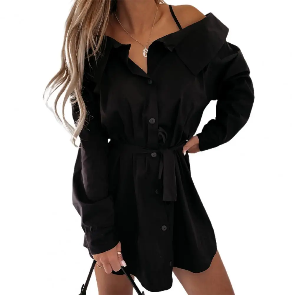 Shirt Dress Solid Color Off Shoulder Spaghetti Strap Long Sleeve Lace-up Single-breasted Women Dress for Vacation
Shirt Dress Solid Color Off Shoulder Spaghetti Strap Long Sleeve Lace-up Single-breasted Women Dress for Vacation