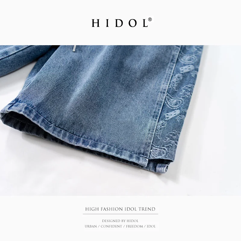 HIDOL Shorts Denim Jeans Men Water Wash Blue Hip Hop Pants Side Stripe Paisley Printed HipHop Trousers Harem Elastic Brand Ins 
HIDOL Shorts Denim Jeans Men Water Wash Blue Hip Hop Pants Side Stripe Paisley Printed HipHop Trousers Harem Elastic Brand Ins