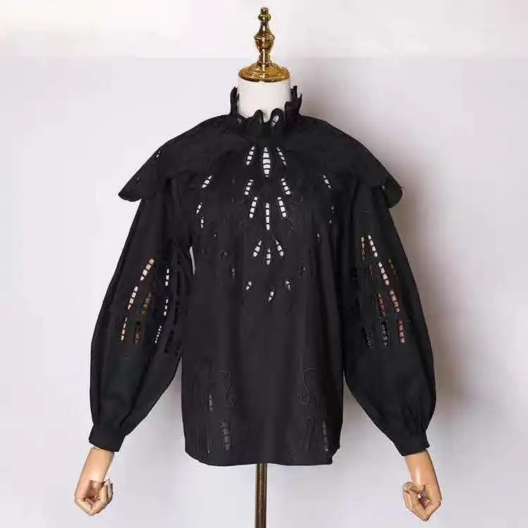High Quality Designer Blouses 2020 Spring Tops Shirt Women Ruffled Collar Hollow Out Embroidery Long Sleeve Black White Shirts 
High Quality Designer Blouses 2020 Spring Tops Shirt Women Ruffled Collar Hollow Out Embroidery Long Sleeve Black White Shirts