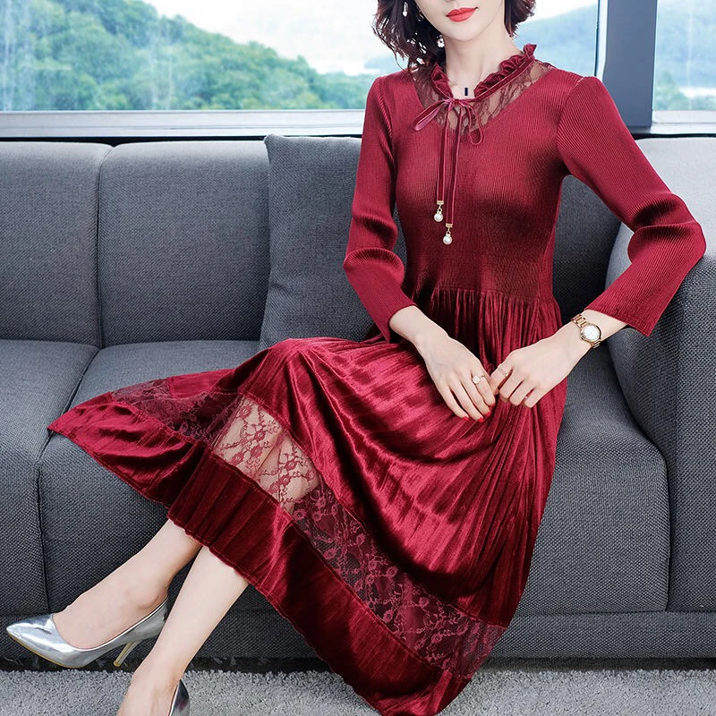 Fall Spring Womens Lace Patchwork Bow Wine Red Blue Black Velour Dress , Woman V Neck Pleated Velvet Dresses
Fall Spring Womens Lace Patchwork Bow Wine Red Blue Black Velour Dress , Woman V Neck Pleated Velvet Dresses