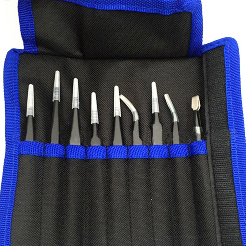 9Pcs Antistatic ESD Tool Set High Precision Tip Curved Straight Tweezer Stainless Multifunction Nipper with Bag
9Pcs Antistatic ESD Tool Set High Precision Tip Curved Straight Tweezer Stainless Multifunction Nipper with Bag