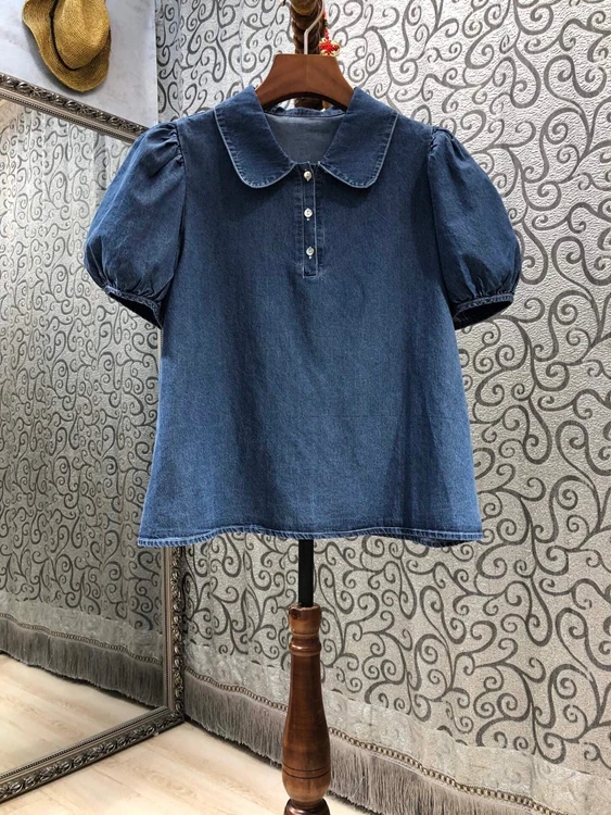 2021 new women fashion lapel solid color decoration bubble short sleeve all-match denim top 429
2021 new women fashion lapel solid color decoration bubble short sleeve all-match denim top 429