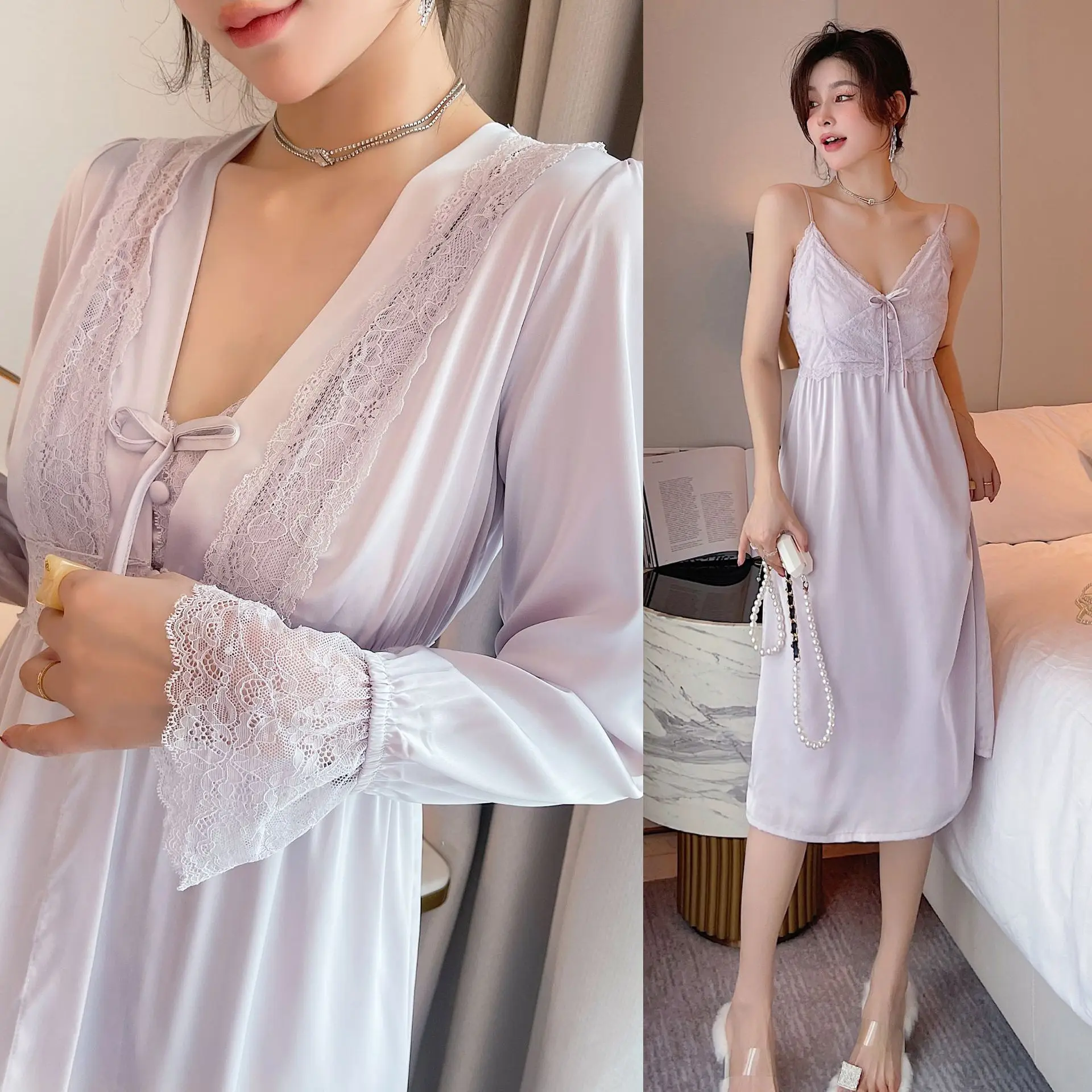 Sexy Lace Trim Applique Long Style Cardigan Robe Nightdress 2Pcs Sleepwear Casual Homewear Nightwear Kimono Bath Gown
Sexy Lace Trim Applique Long Style Cardigan Robe Nightdress 2Pcs Sleepwear Casual Homewear Nightwear Kimono Bath Gown
