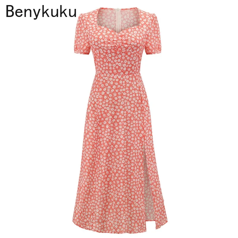 French Romance Retro Dress Women Casual Floral Print Chiffon Dresses 2021 Summer Puff Sleeve Sexy Slim Split Midi Dress Vestidos
French Romance Retro Dress Women Casual Floral Print Chiffon Dresses 2021 Summer Puff Sleeve Sexy Slim Split Midi Dress Vestidos